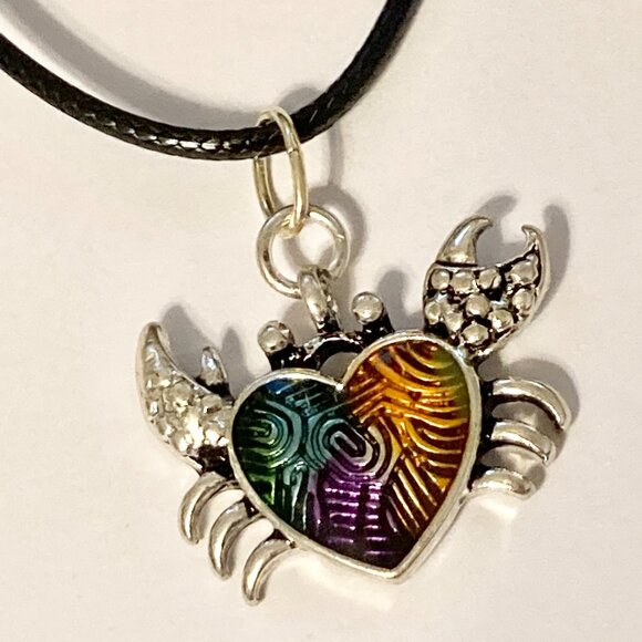 Crab Necklace Silver Plated 18" Black Cord Sea Life Beach Island Zodiac Cancer - Picture 3 of 7